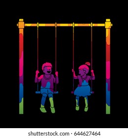 Happy Children, Little boy and girl are playing swing together designed using melting colors graphic vector