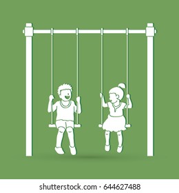 Happy Children, Little boy and girl are playing swing together graphic vector