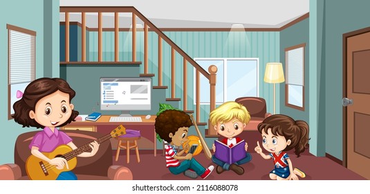 Happy children in the living room scene illustration