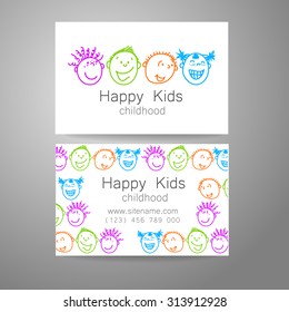 Happy Children Logo. Template Design Sign For School, Kindergarten, Summer Camps, Children's Team And Others. Branded Business Card.