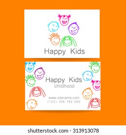 Happy children logo. Template design sign for school, kindergarten, summer camps, children's team and others. Branded business card.