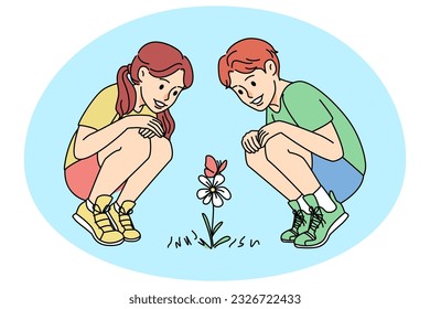 Happy children looking at flower interested in botanic. Smiling girl and boy enjoy nature. Young biologists concept. Vector illustration.