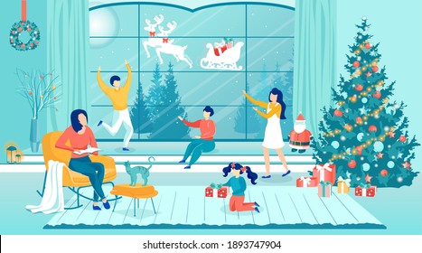 Happy Children Looking out of Home Window See Santa Clause in Sled with Harnessed Reindeer Flying in Sky. Christmas Magic, New Years Miracles. Living Room Interior. Family Rest. Vector illustration