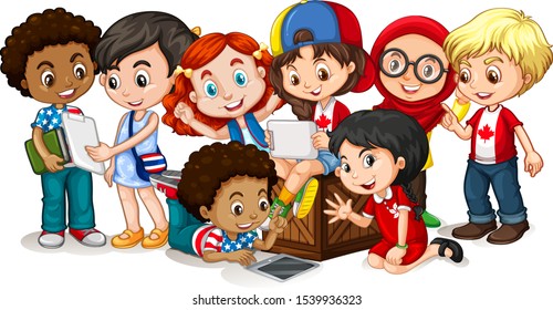 Happy children looking at tablet together illustration