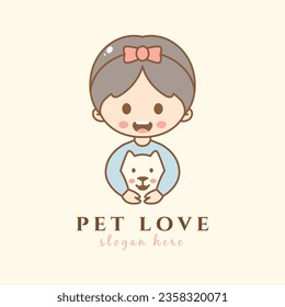 happy children love dog cartoon friendship mammal puppy hug adorable logo design vector graphic illustration