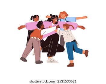 Happy children love, hug their favourite teacher. Funny kids embrace young woman. Students are in friendly school relationship with girl. Flat isolated vector illustration on white background