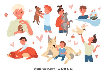 Happy Children Love Pets Set Smiling Stock Vector (Royalty Free) 1980353783