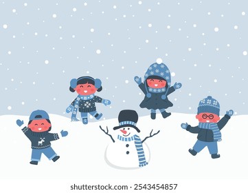 Happy Children Made Snowman. Children in Winter Clothes Dance. Group of Kids Have Fun Outside under Snowfall. Happy Baby Girls Happy Baby Boys. Vector Illustration in Blue, White