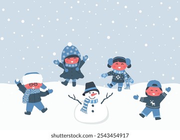 Happy Children Made Snowman. Children in Winter Clothes Dance. Group of Kids Have Fun Outside under Snowfall. Happy Baby Girls Happy Baby Boys. Vector Illustration in Blue, White