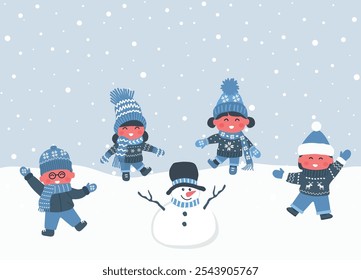 Happy Children Made Snowman. Children in Winter Clothes Dance. Group of Kids Have Fun Outside under Snow. Happy Baby Girls Happy Baby Boys. Greeting Card Template. Vector Illustration in Blue, White