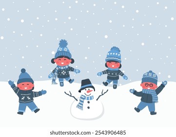 Happy Children Made Snowman. Children in Winter Clothes Dance. Group of Kids Have Fun Outside under Snow. Happy Baby Girls Happy Baby Boys. Greeting Card Template. Vector Illustration in Blue, White