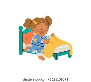 Happy children making bed. Illustration of little girl doing housework cleaning her bed, kid learn life skill, chores for toddler vector design isolated on white background