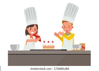 Happy children making a cake character vector design.