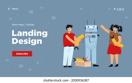 Happy children making robot for school project flat vector illustration. Cartoon students learning robotics with teacher. Engineering technology and education concept