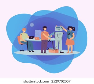 Happy children making robot for school project flat vector illustration. Cartoon students learning robotics with teacher. Engineering technology and education concept