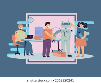 Happy children making robot for school project flat vector illustration. Cartoon students learning robotics with teacher. Engineering technology and education concept