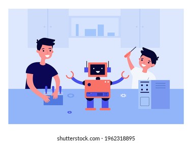 Happy children making robot together. Brothers creating machine for school project flat vector illustration. Engineering, hobby, AI, education concept for banner, website design or landing web page