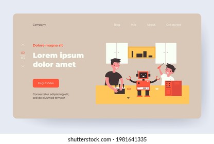 Happy children making robot together. Brothers creating machine for school project flat vector illustration. Engineering, hobby, AI, education concept for banner, website design or landing web page
