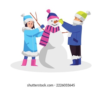 Happy children making snowman flat style, vector illustration isolated on white background. Winter season, outdoor activities, warm clothes. Childhood, boy and girl playing together