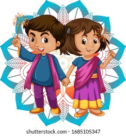 Happy children and mandala patterns in background illustration
