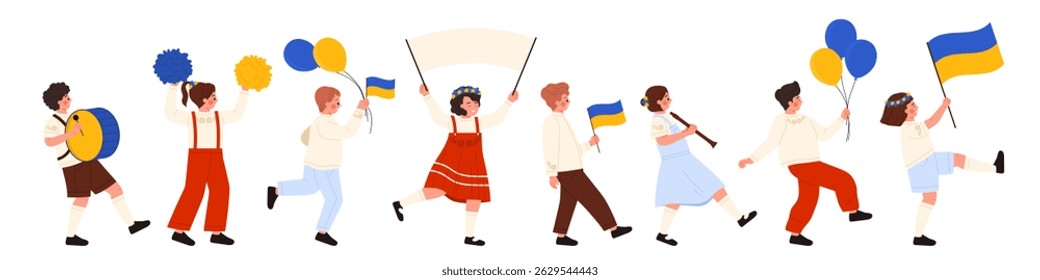 Happy children marching with Ukrainian flags, balloons, and traditional clothes for Ukraine Independence Day parade on white background, perfect for holiday and celebration themes, vector illustration
