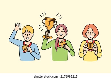 Happy children with medals on school competition on contest. Smiling kids with prizes celebrate win in championship. Vector illustration. 