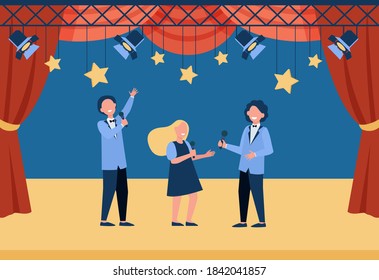 Happy children with microphones performing on stage, playing roles in school theater or singing. Vector illustration for talent show, concert, performance, childhood concept