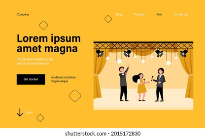 Happy children with microphones performing on stage, playing roles in school theater or singing. Vector illustration for talent show, concert, performance, childhood concept