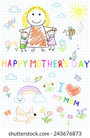 Happy children with mom. Sketch on notebook page