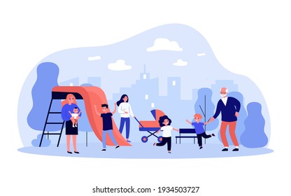 Happy children with moms and grandfather having fun in playground. Kids playing in park. Flat vector illustration. Outdoor activity, entertainment concept for banner, website design, landing web page