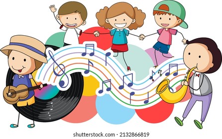 Happy children and music notes rainbow colourful with vinyl record on white background illustration