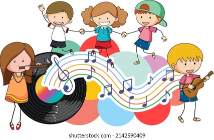 Happy children and music notes rainbow colourful with vinyl record on white background illustration