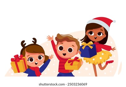 Happy children in new years costumes. Christmas characters with presents.