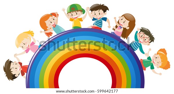 Happy Children On Colorful Rainbow Illustration Stock Vector (Royalty ...