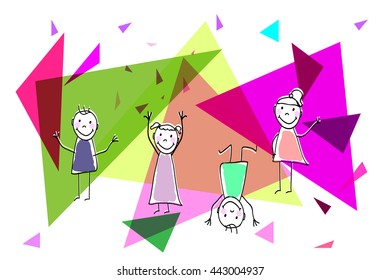 Happy children on creative background. Children background. Vector illustration. Children jumping, fun and playing. 