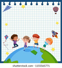 Happy children on earth paper frame illustration