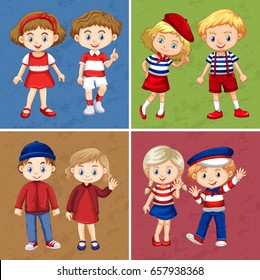 Fröhliche Kinder auf vier verschiedenen Hintergrund-Illustrationen