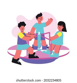 Happy children on merry go round flat vector illustration