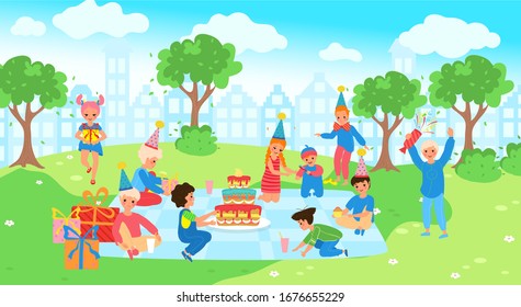 Happy children on picnic, celebrating birthday in summer park, vector illustration. Cheerful kids in party hats, present boxes and birthday cake. Cute boys and girls cartoon characters at park picnic