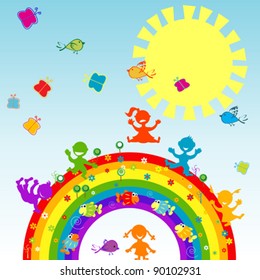 Happy children on a rainbow