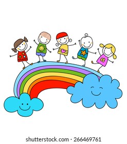 happy children on a rainbow, best friends