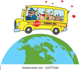 Happy Children On School Bus Around Earth