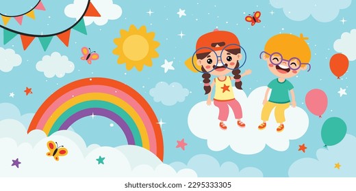 Happy Children On Sky Background