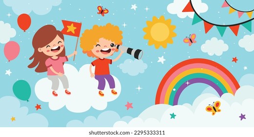 Happy Children On Sky Background