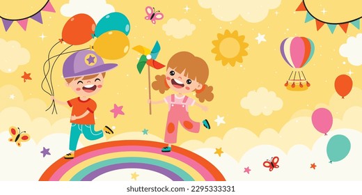 Happy Children On Sky Background