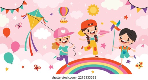 Happy Children On Sky Background