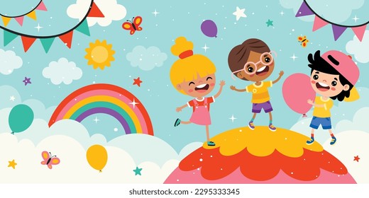 Happy Children On Sky Background