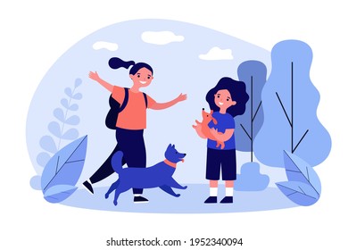 Happy children on walk with dogs. Girls meeting in park walking pets flat vector illustration. Domestic animals, pets, friendship concept for banner, website design or landing web page