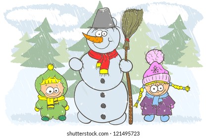 Happy children on winter holidays are a beautiful snowman. Drawing in the style of doodle.
