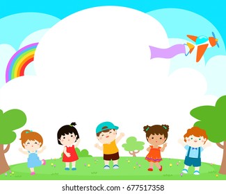 Happy children on the yard, funny vector. Ready for your message.
Blank template for advertising brochure.
illustration summer camp design.